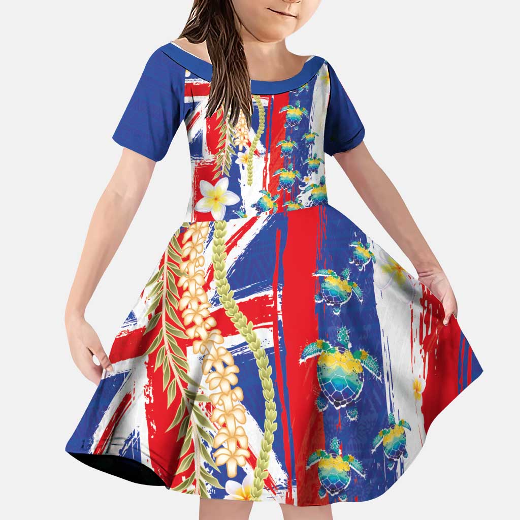 Hawaiian Sea Turtles and Plumeria Family Matching Puletasi and Hawaiian Shirt with Lei and Flag Grunge Style LT03 Daughter's Dress Multicolor - Polynesian Pride