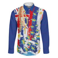 Hawaiian Sea Turtles and Plumeria Family Matching Puletasi and Hawaiian Shirt with Lei and Flag Grunge Style LT03 Dad's Shirt - Long Sleeve Multicolor - Polynesian Pride