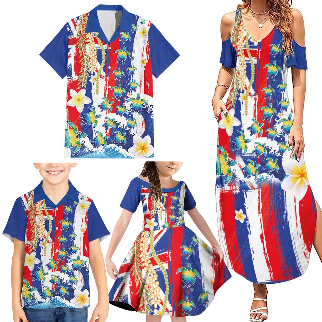 Hawaiian Sea Turtles and Plumeria Family Matching Summer Maxi Dress and Hawaiian Shirt with Lei and Flag Grunge Style