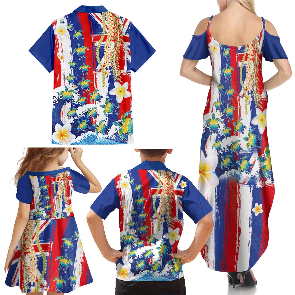 Hawaiian Sea Turtles and Plumeria Family Matching Summer Maxi Dress and Hawaiian Shirt with Lei and Flag Grunge Style LT03 - Polynesian Pride
