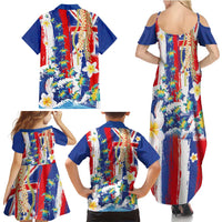 Hawaiian Sea Turtles and Plumeria Family Matching Summer Maxi Dress and Hawaiian Shirt with Lei and Flag Grunge Style LT03 - Polynesian Pride