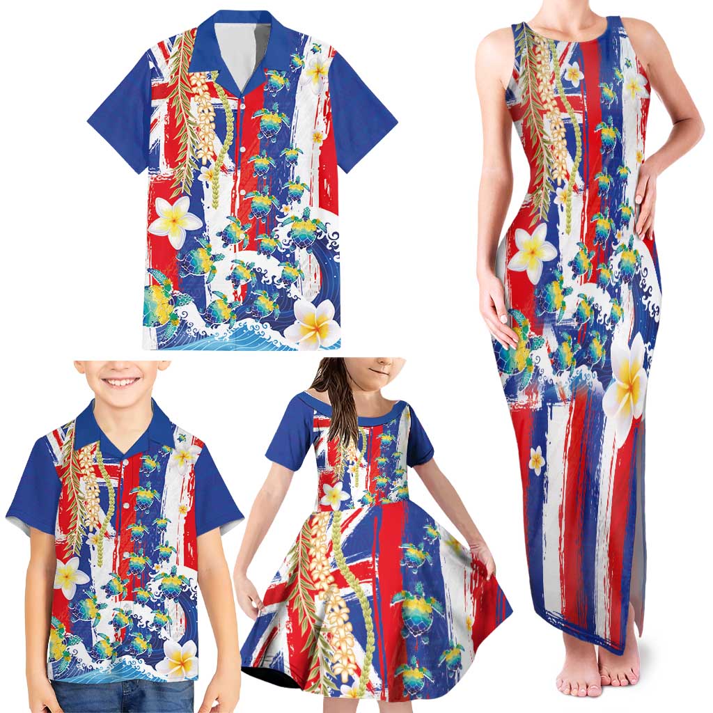 Hawaiian Sea Turtles and Plumeria Family Matching Tank Maxi Dress and Hawaiian Shirt with Lei and Flag Grunge Style