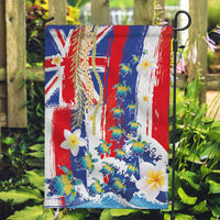 Hawaiian Sea Turtles and Plumeria Garden Flag with Lei and Flag Grunge Style