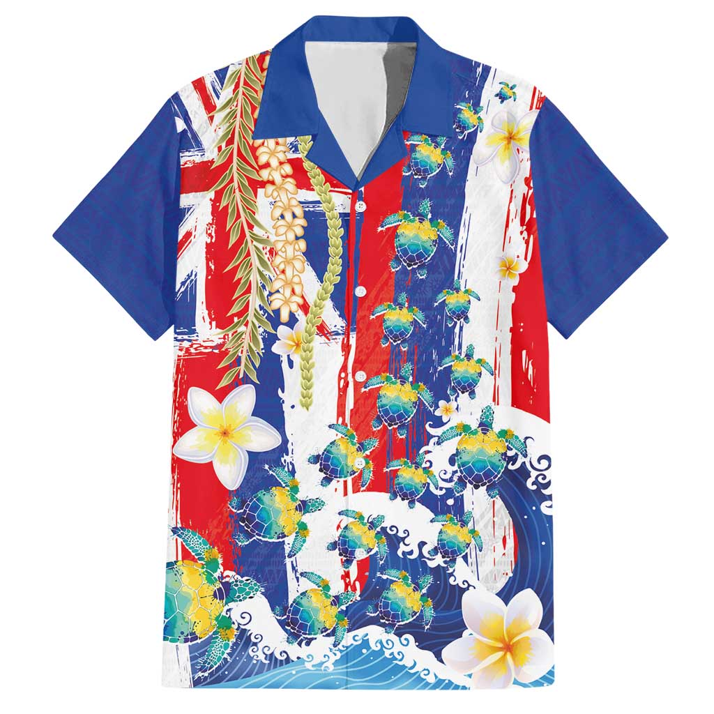 Hawaiian Sea Turtles and Plumeria Hawaiian Shirt with Lei and Flag Grunge Style