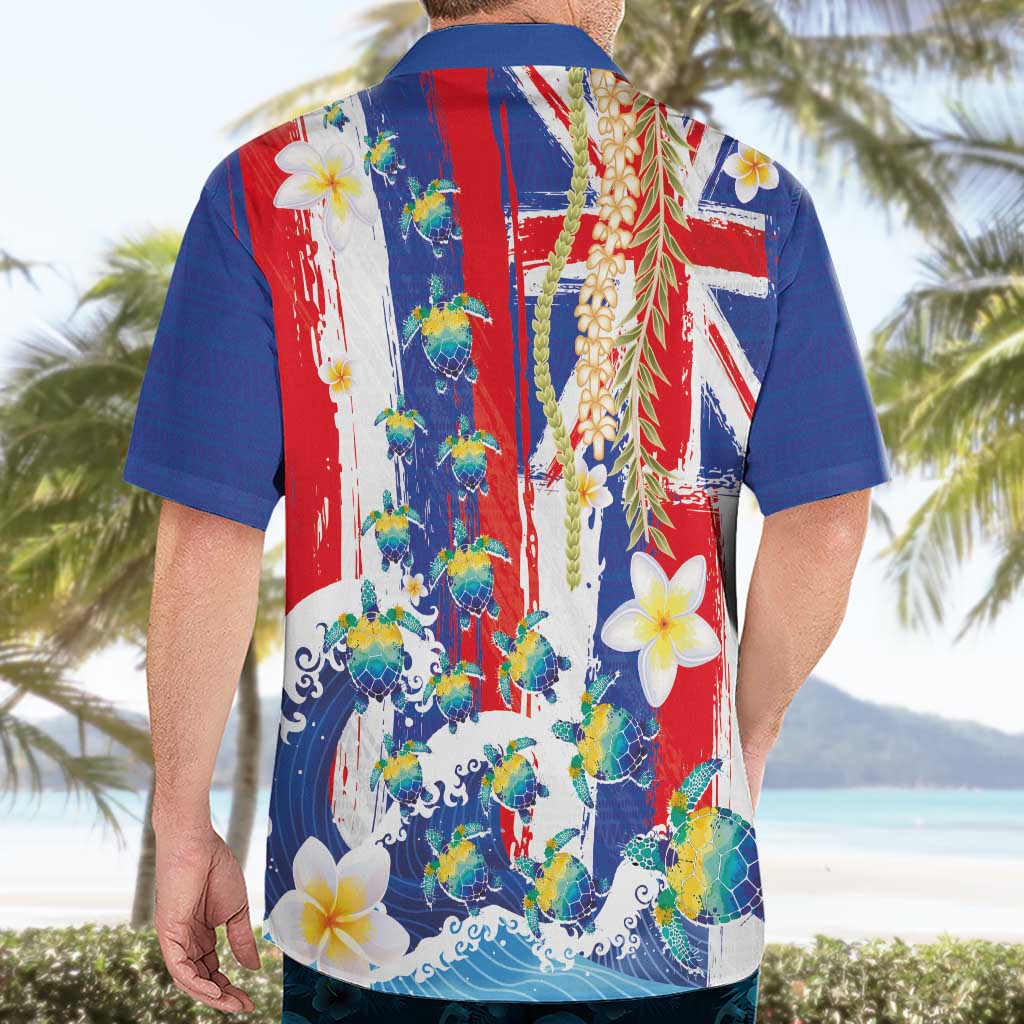 Hawaiian Sea Turtles and Plumeria Hawaiian Shirt with Lei and Flag Grunge Style