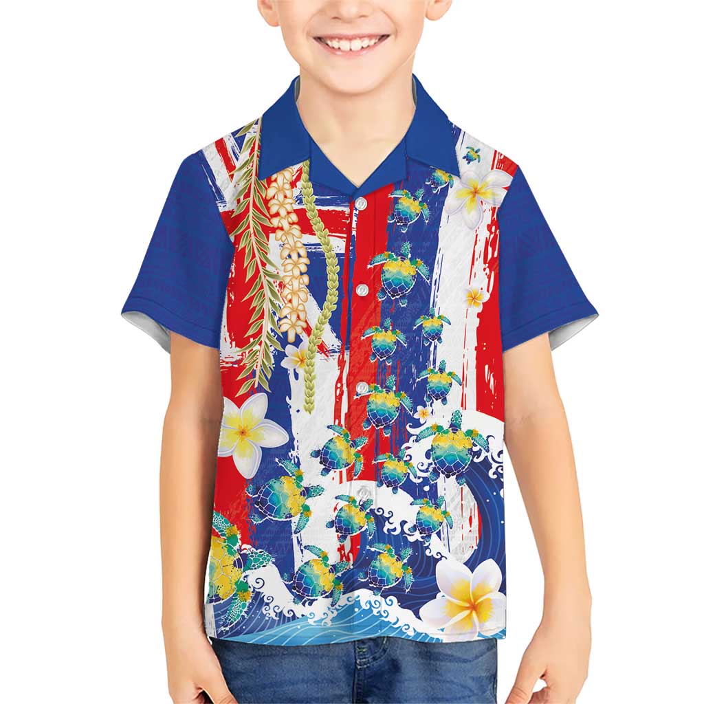 Hawaiian Sea Turtles and Plumeria Hawaiian Shirt with Lei and Flag Grunge Style