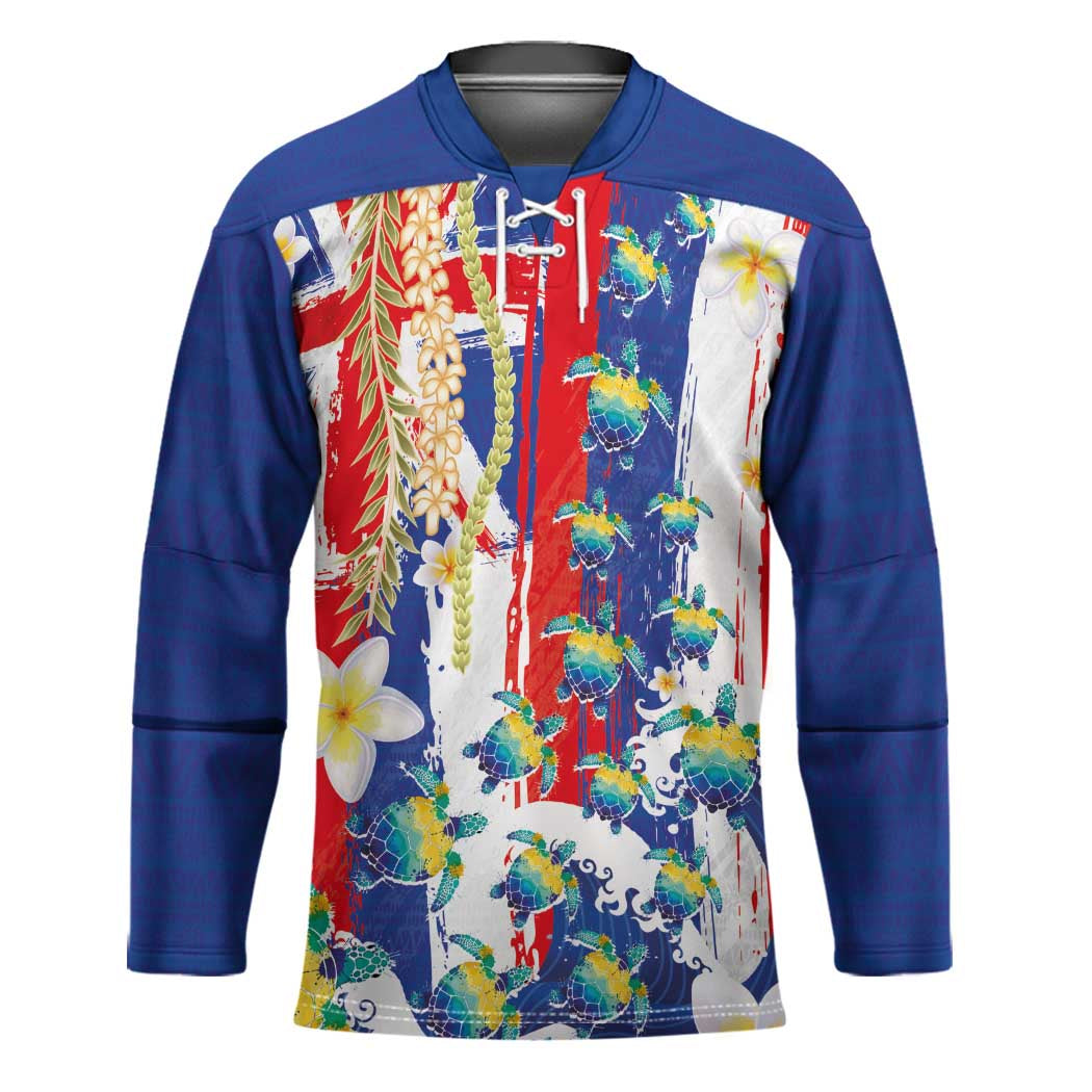 Hawaiian Sea Turtles and Plumeria Hockey Jersey with Lei and Flag Grunge Style