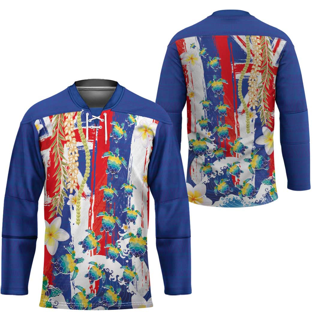 Hawaiian Sea Turtles and Plumeria Hockey Jersey with Lei and Flag Grunge Style
