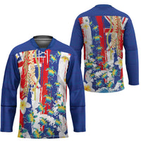 Hawaiian Sea Turtles and Plumeria Hockey Jersey with Lei and Flag Grunge Style