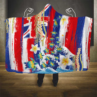 Hawaiian Sea Turtles and Plumeria Hooded Blanket with Lei and Flag Grunge Style