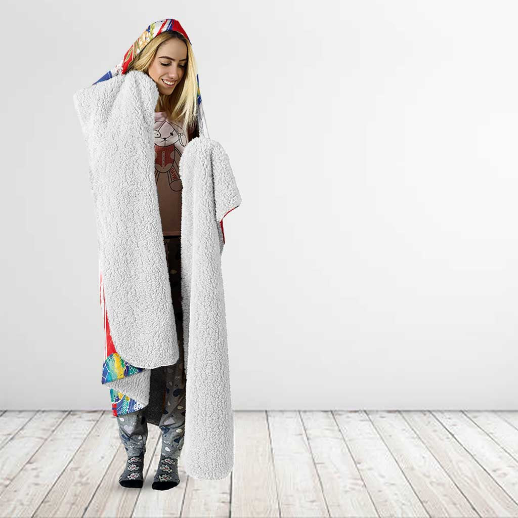 Hawaiian Sea Turtles and Plumeria Hooded Blanket with Lei and Flag Grunge Style
