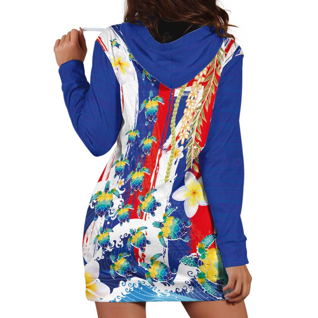 Hawaiian Sea Turtles and Plumeria Hoodie Dress with Lei and Flag Grunge Style LT03 - Polynesian Pride
