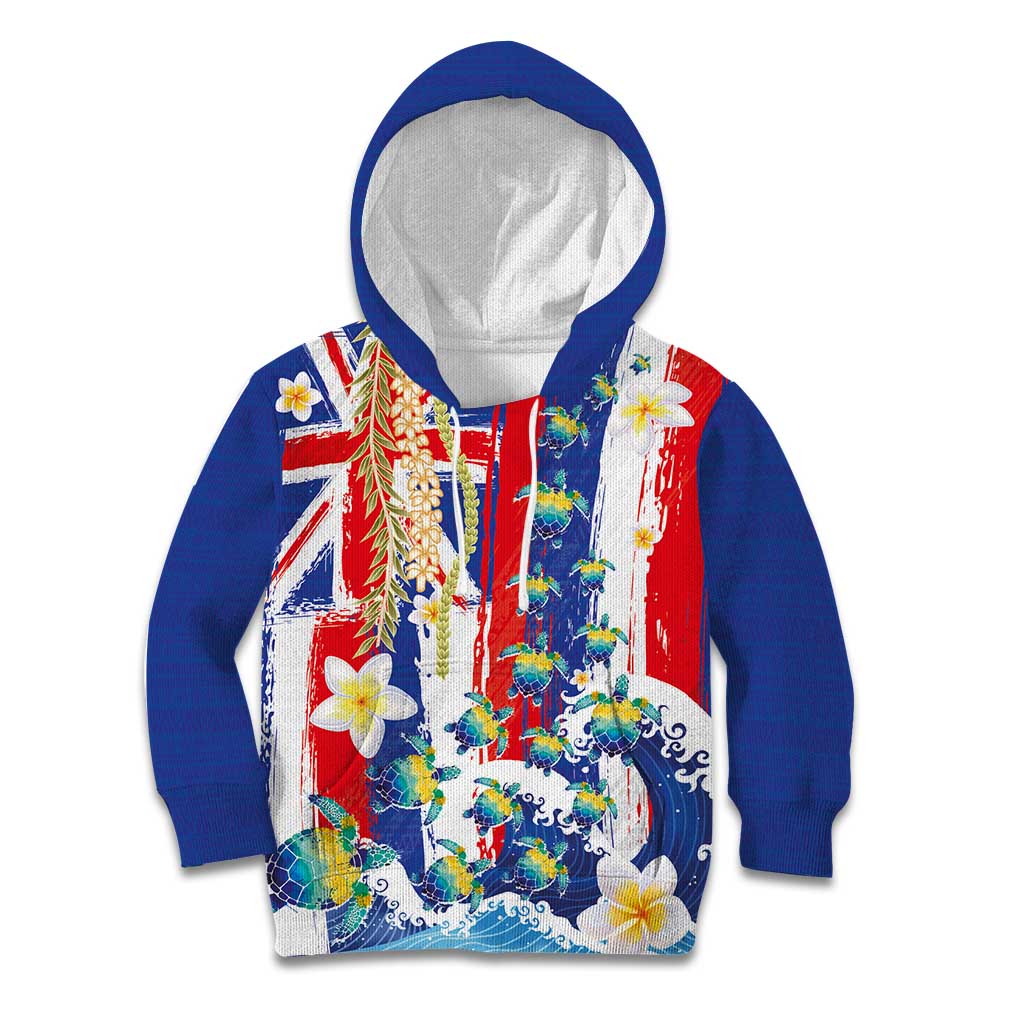 Hawaiian Sea Turtles and Plumeria Kid Hoodie with Lei and Flag Grunge Style