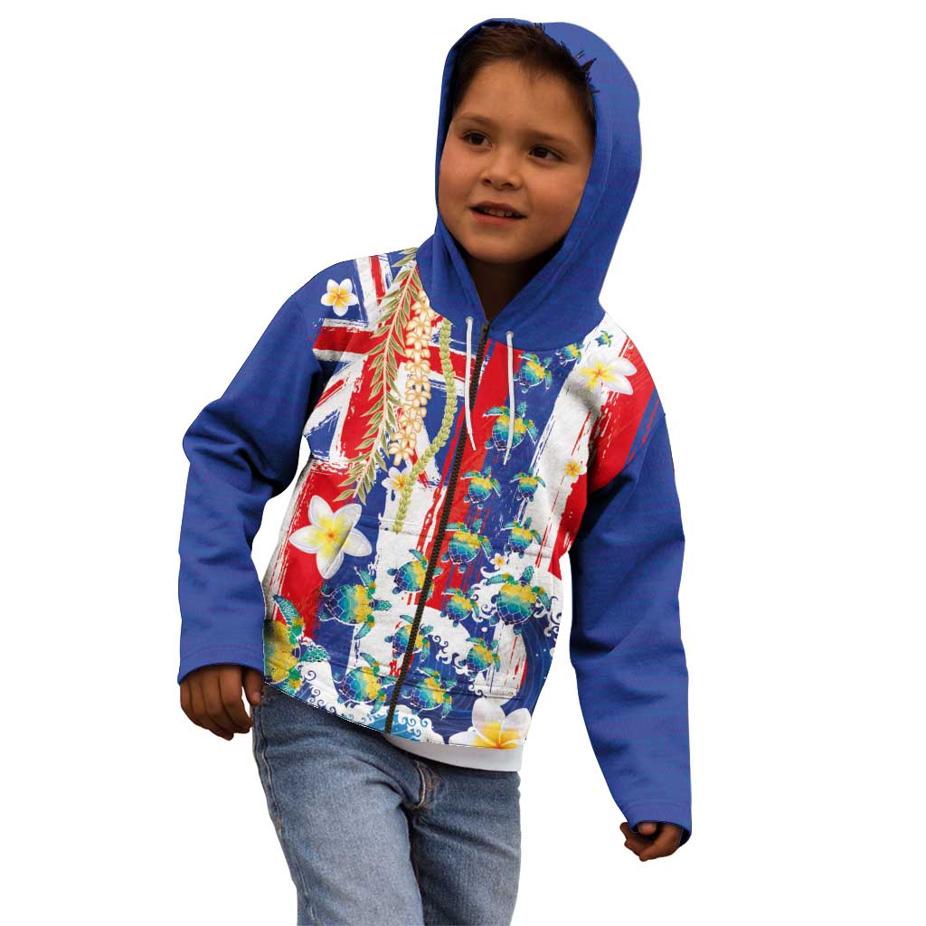 Hawaiian Sea Turtles and Plumeria Kid Hoodie with Lei and Flag Grunge Style