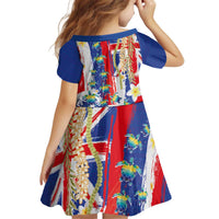Hawaiian Sea Turtles and Plumeria Kid Short Sleeve Dress with Lei and Flag Grunge Style