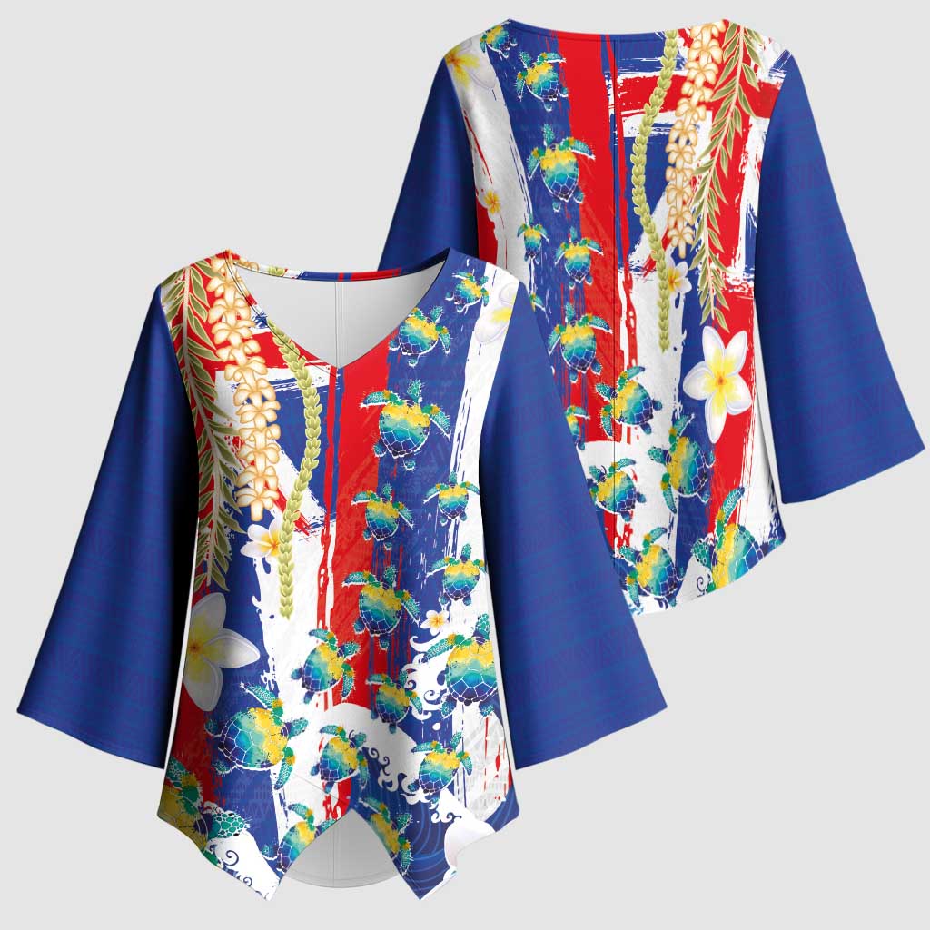 Hawaiian Sea Turtles and Plumeria Kimono Sleeve Blouse with Lei and Flag Grunge Style