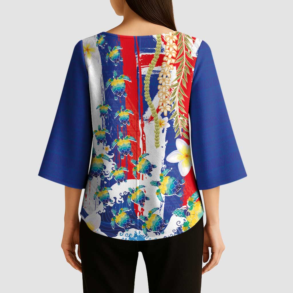 Hawaiian Sea Turtles and Plumeria Kimono Sleeve Blouse with Lei and Flag Grunge Style