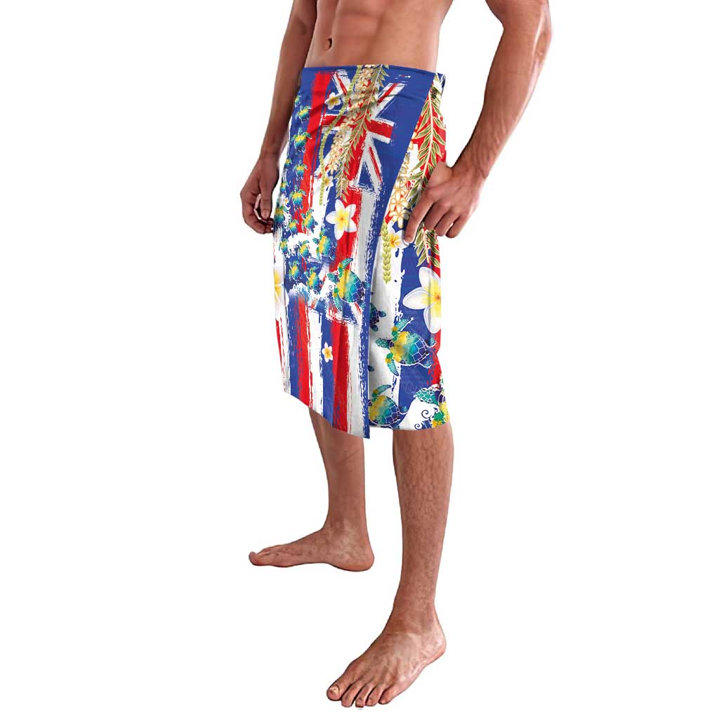 Hawaiian Sea Turtles and Plumeria Lavalava with Lei and Flag Grunge Style