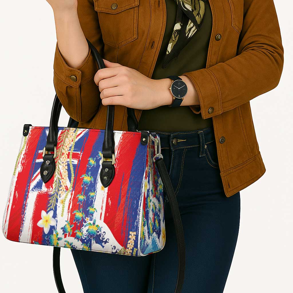 Hawaiian Sea Turtles and Plumeria Leather Bag with Lei and Flag Grunge Style