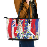 Hawaiian Sea Turtles and Plumeria Leather Tote Bag with Lei and Flag Grunge Style