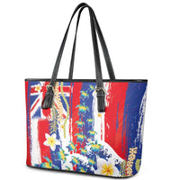 Hawaiian Sea Turtles and Plumeria Leather Tote Bag with Lei and Flag Grunge Style