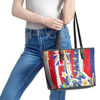 Hawaiian Sea Turtles and Plumeria Leather Tote Bag with Lei and Flag Grunge Style