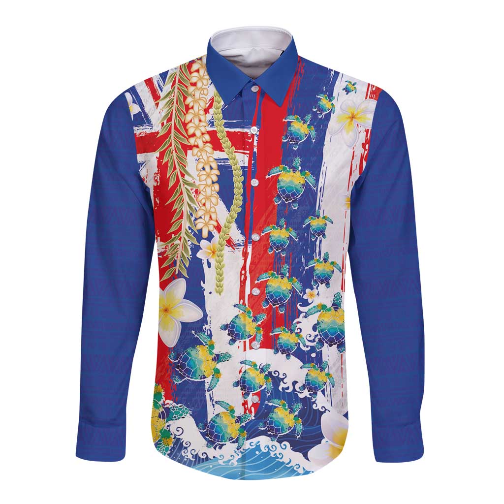 Hawaiian Sea Turtles and Plumeria Long Sleeve Button Shirt with Lei and Flag Grunge Style