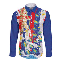 Hawaiian Sea Turtles and Plumeria Long Sleeve Button Shirt with Lei and Flag Grunge Style