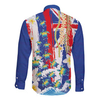 Hawaiian Sea Turtles and Plumeria Long Sleeve Button Shirt with Lei and Flag Grunge Style