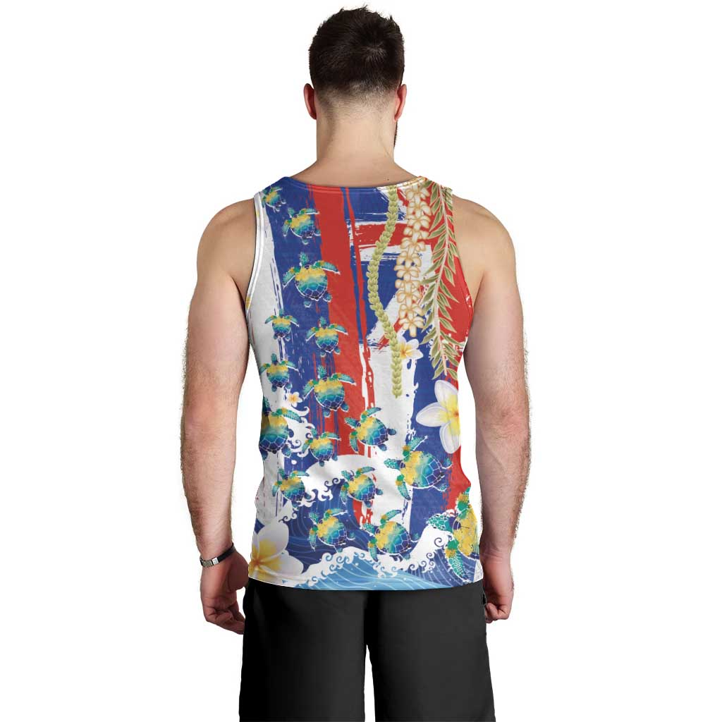Hawaiian Sea Turtles and Plumeria Men Tank Top with Lei and Flag Grunge Style