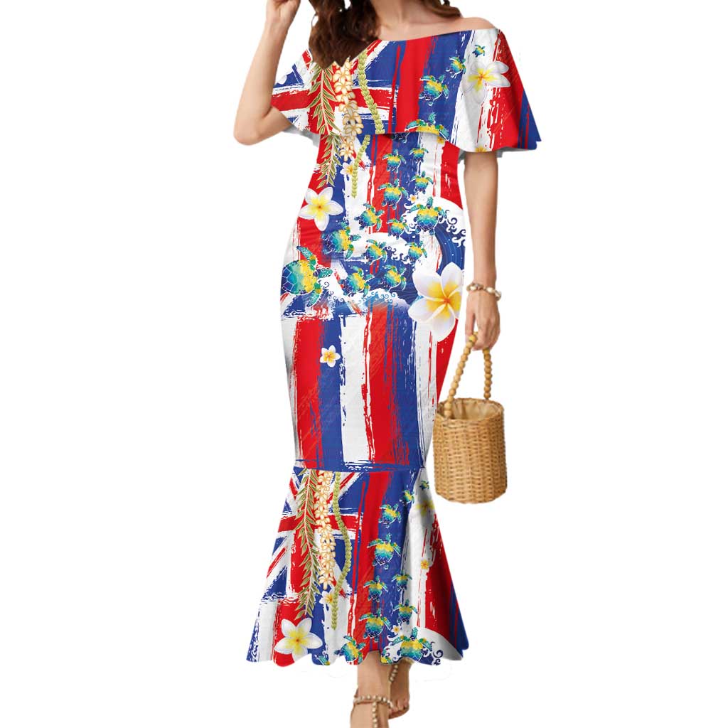 Hawaiian Sea Turtles and Plumeria Mermaid Dress with Lei and Flag Grunge Style
