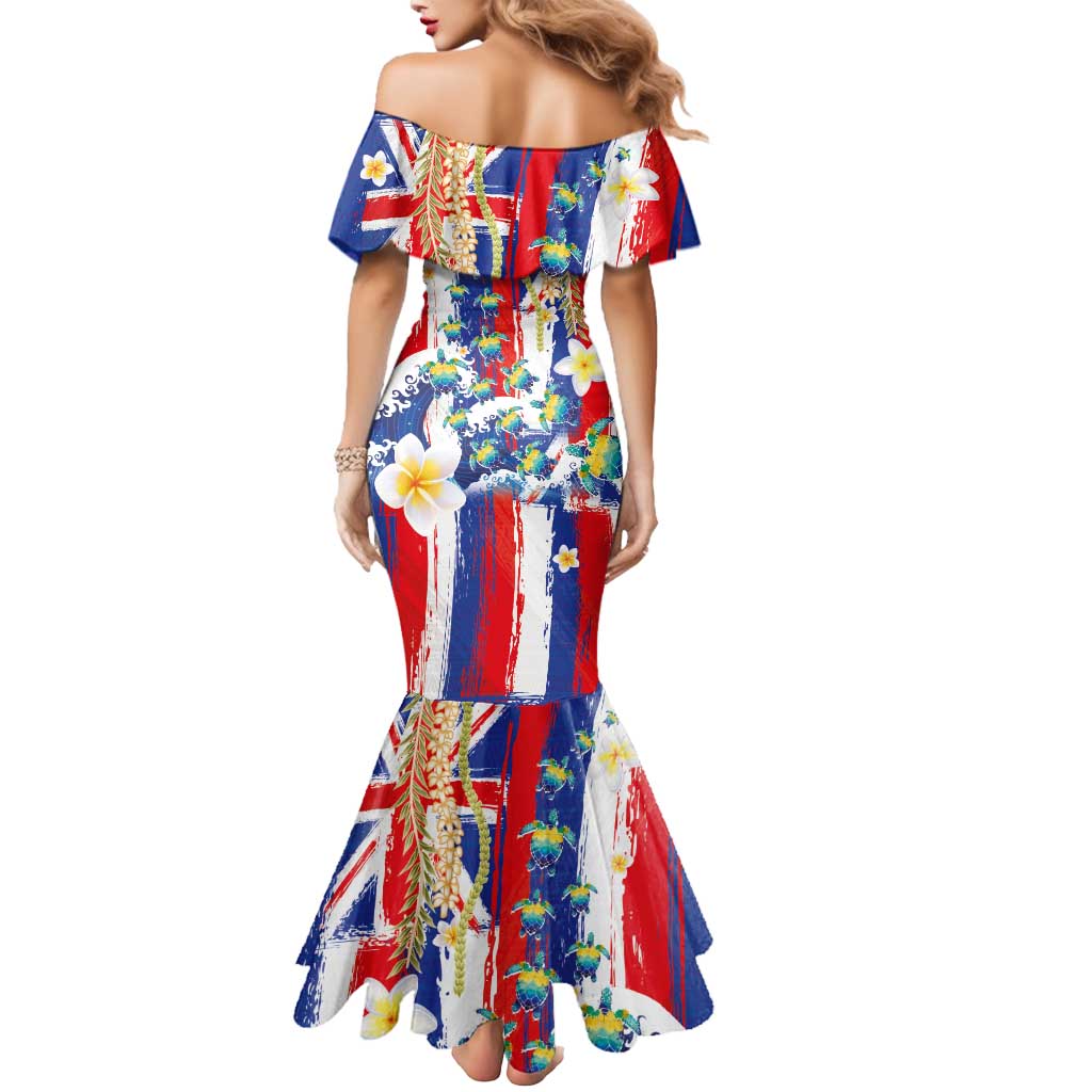 Hawaiian Sea Turtles and Plumeria Mermaid Dress with Lei and Flag Grunge Style