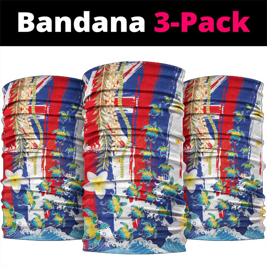 Hawaiian Sea Turtles and Plumeria Neck Gaiter with Lei and Flag Grunge Style