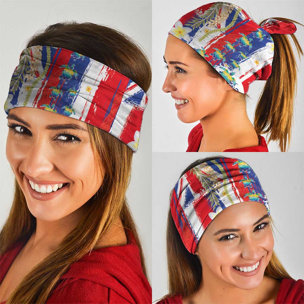Hawaiian Sea Turtles and Plumeria Neck Gaiter with Lei and Flag Grunge Style