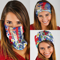 Hawaiian Sea Turtles and Plumeria Neck Gaiter with Lei and Flag Grunge Style