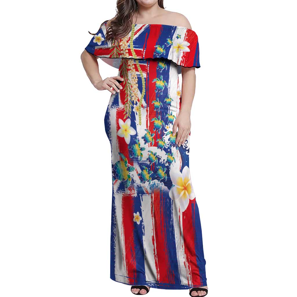 Hawaiian Sea Turtles and Plumeria Off Shoulder Maxi Dress with Lei and Flag Grunge Style