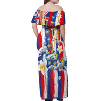 Hawaiian Sea Turtles and Plumeria Off Shoulder Maxi Dress with Lei and Flag Grunge Style