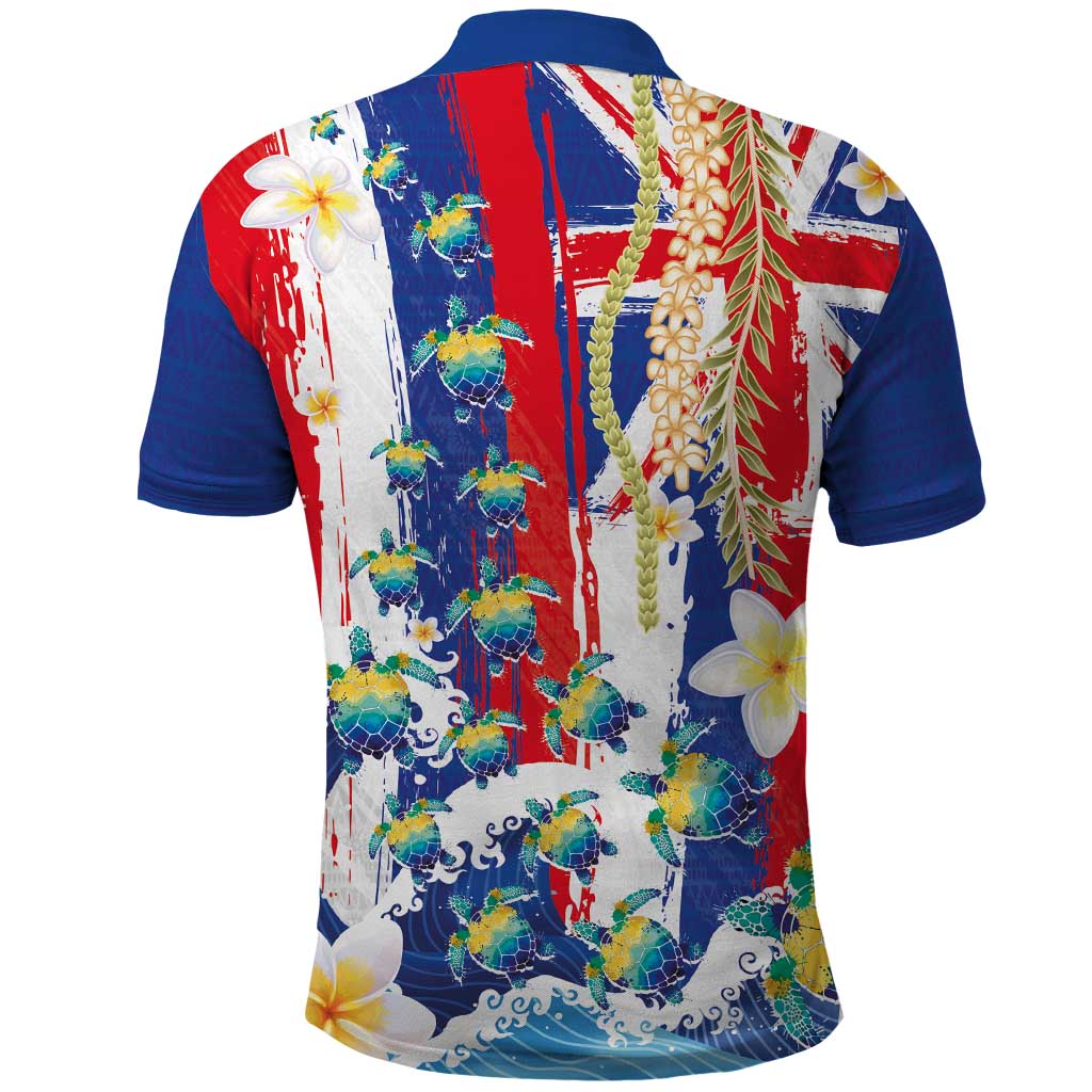 Hawaiian Sea Turtles and Plumeria Polo Shirt with Lei and Flag Grunge Style LT03 - Polynesian Pride