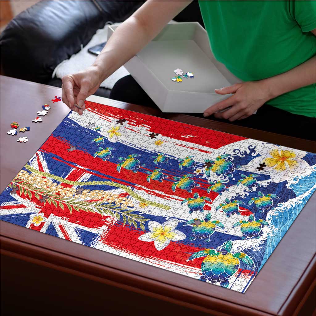 Hawaiian Sea Turtles and Plumeria Puzzle with Lei and Flag Grunge Style