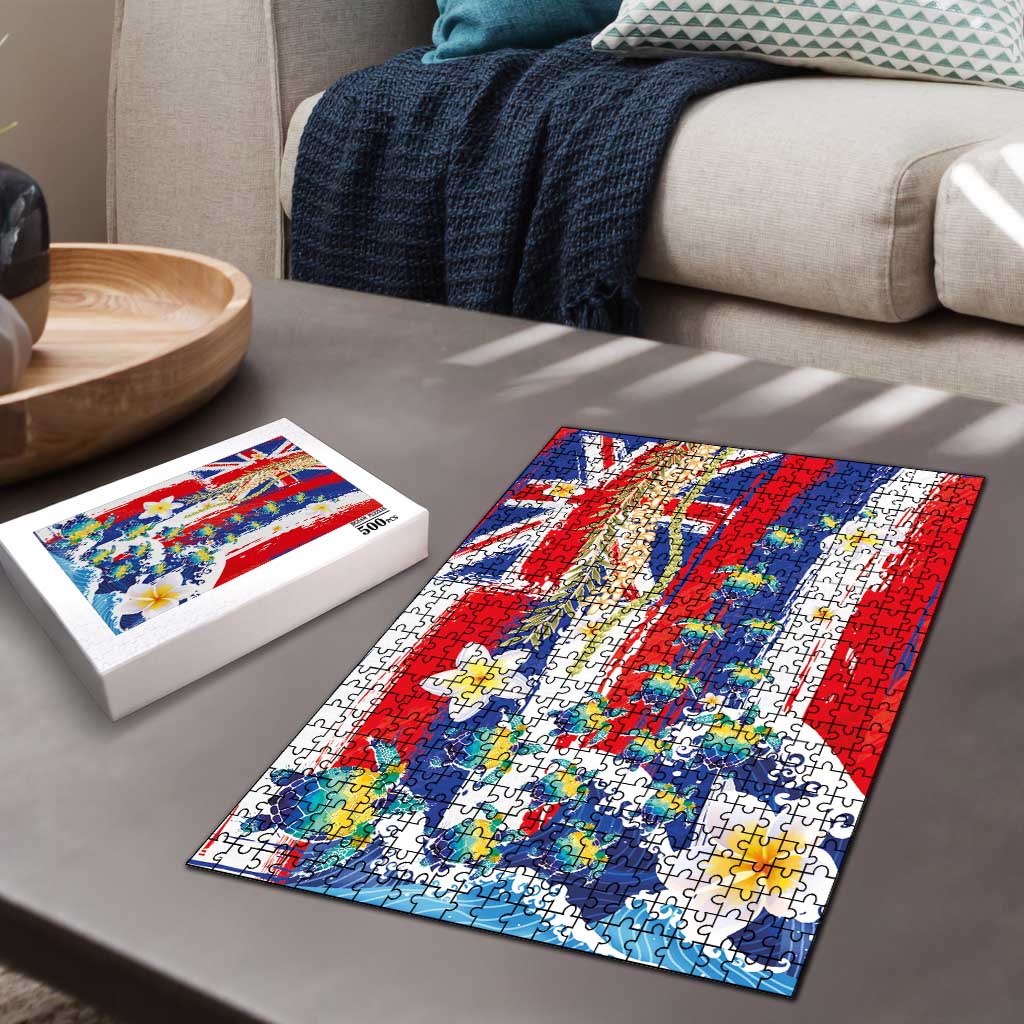 Hawaiian Sea Turtles and Plumeria Puzzle with Lei and Flag Grunge Style