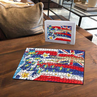 Hawaiian Sea Turtles and Plumeria Puzzle with Lei and Flag Grunge Style