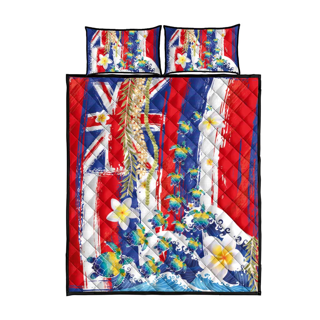 Hawaiian Sea Turtles and Plumeria Quilt Bed Set with Lei and Flag Grunge Style