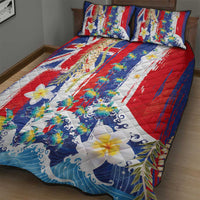 Hawaiian Sea Turtles and Plumeria Quilt Bed Set with Lei and Flag Grunge Style