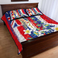 Hawaiian Sea Turtles and Plumeria Quilt Bed Set with Lei and Flag Grunge Style