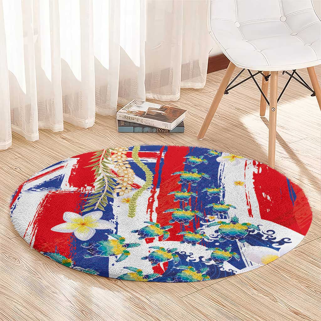 Hawaiian Sea Turtles and Plumeria Round Carpet with Lei and Flag Grunge Style