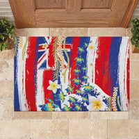 Hawaiian Sea Turtles and Plumeria Rubber Doormat with Lei and Flag Grunge Style