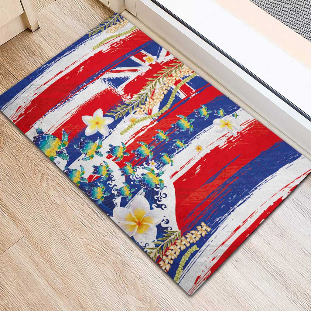 Hawaiian Sea Turtles and Plumeria Rubber Doormat with Lei and Flag Grunge Style