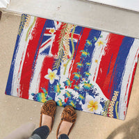 Hawaiian Sea Turtles and Plumeria Rubber Doormat with Lei and Flag Grunge Style