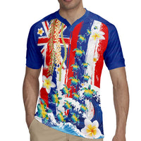 Hawaiian Sea Turtles and Plumeria Rugby Jersey with Lei and Flag Grunge Style