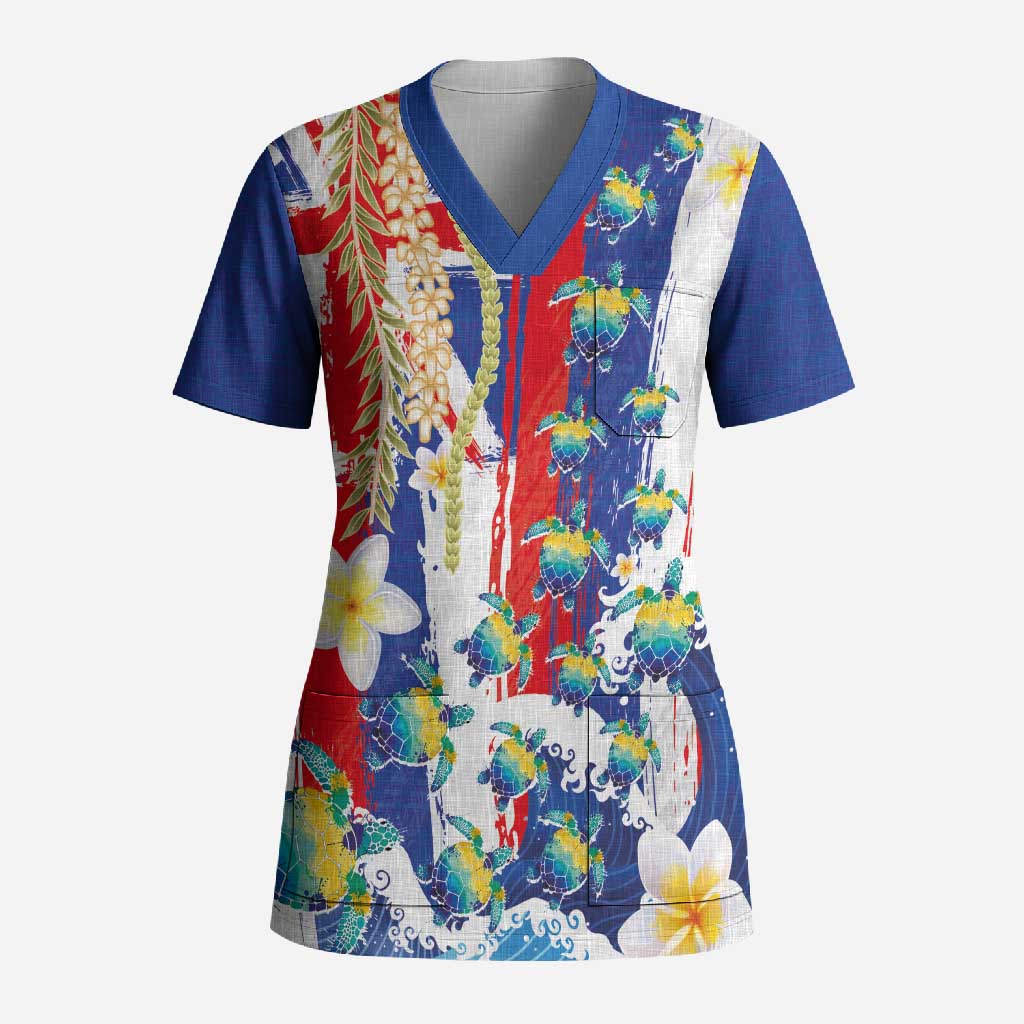 Hawaiian Sea Turtles and Plumeria Scrub Top with Lei and Flag Grunge Style